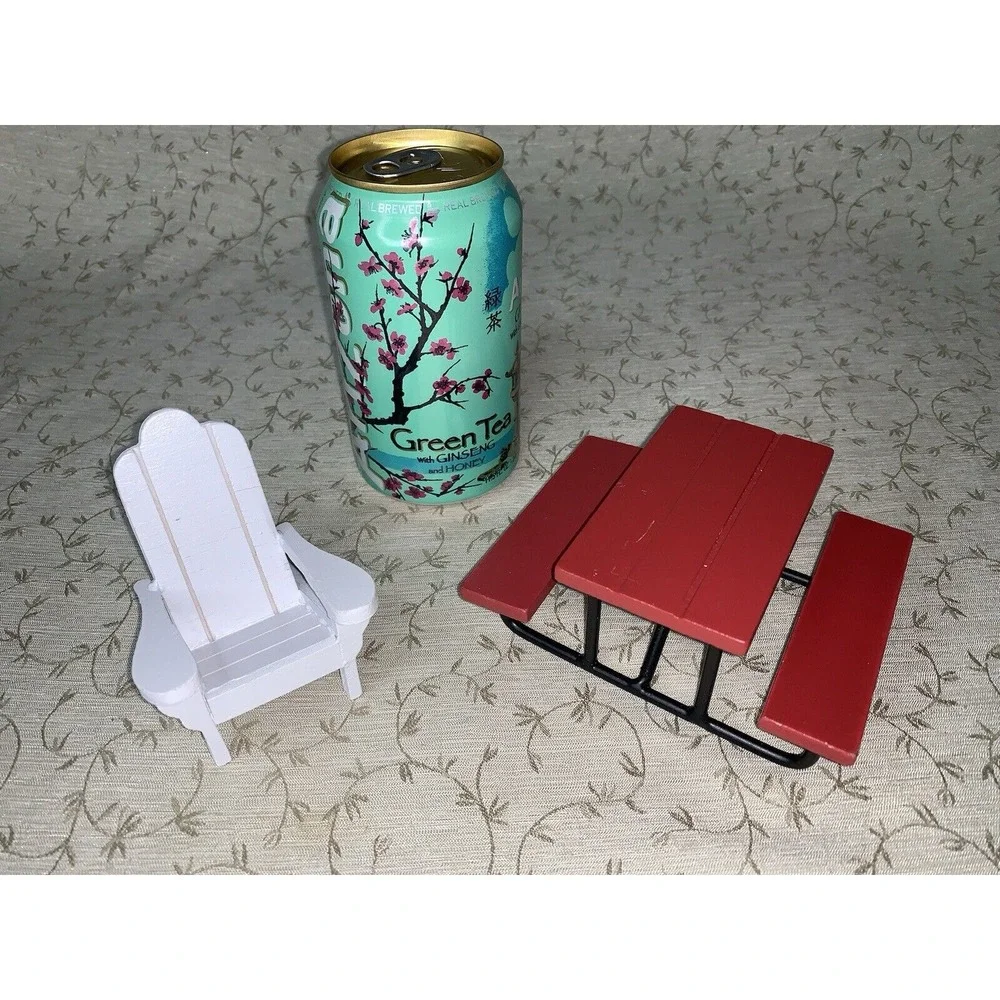 Dollhouse Picnic Furniture Outdoor Red Wood Picnic Table, Adironback Wood Chair